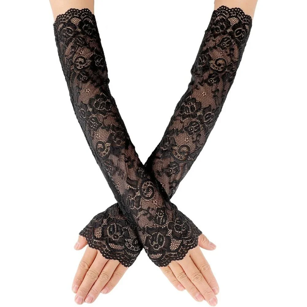 Women's Floral Design Lace Fabric Black Gloves Elbow Length Sleeves Fingerless